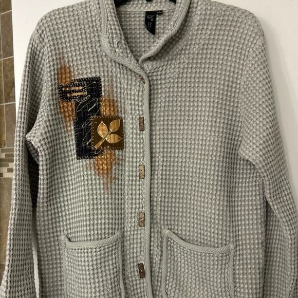 Focus Casual Life Gray Cotton Waffle Knit Embroidered Painted Cardigan Sweater S - Picture 3 of 12